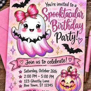 Op de afbeelding: Een rechthoekige uitnodigingskaart voor een verjaardagsfeest met een schattig wit spookje met een roze strik en een lachende pompoen. De tekst luidt: You're invited to a Spooktacular Birthday Party! Join us to celebrate! Saturday, October 26th, 2:00 PM - 5:00 PM, 123 Ghostly Lane, Boo Town, ST 12345, RSVP to Kelly 555-123-4567.
