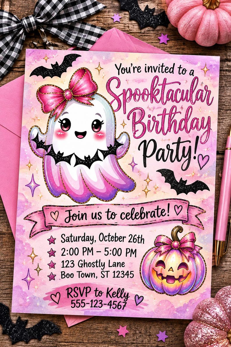 Op de afbeelding: Een rechthoekige uitnodigingskaart voor een verjaardagsfeest met een schattig wit spookje met een roze strik en een lachende pompoen. De tekst luidt: You're invited to a Spooktacular Birthday Party! Join us to celebrate! Saturday, October 26th, 2:00 PM - 5:00 PM, 123 Ghostly Lane, Boo Town, ST 12345, RSVP to Kelly 555-123-4567.