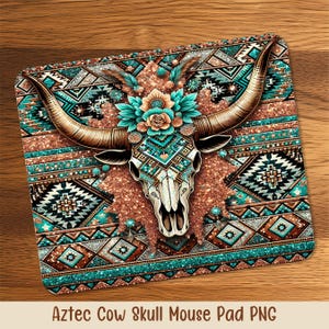 May include: A square mouse pad featuring an Aztec cow skull design. The skull is adorned with turquoise and floral accents, set against a background of geometric patterns in teal, brown, and copper. The text "Aztec Cow Skull Mouse Pad PNG" is at the bottom.