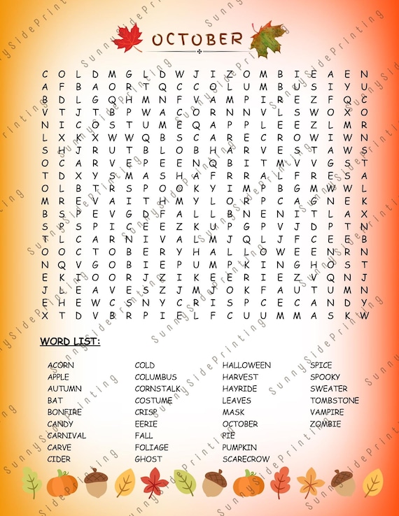 October Word Search Printable