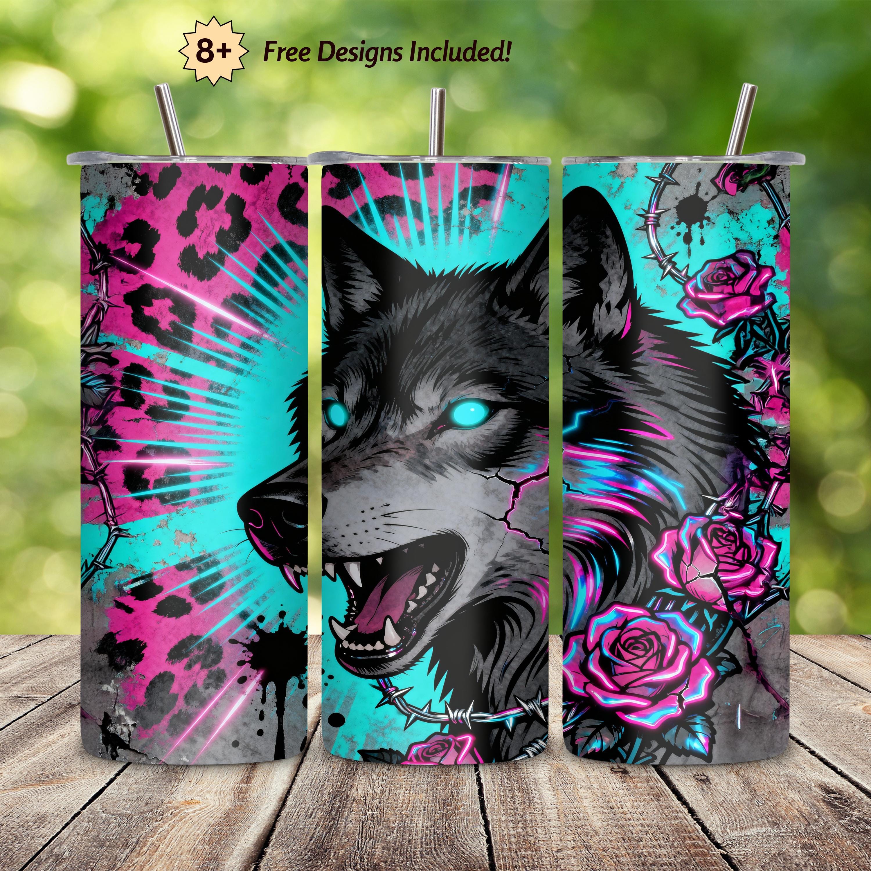 Neon Wolf Tumbler Wrap PNG, Vaporwave Wolf 20oz Skinny Tumbler