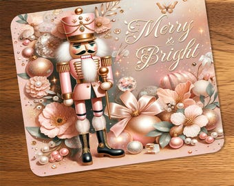 Pink Nutcracker Christmas Mouse Pad, Customizable Merry & Bright Desk Mat, Elegant Blush Holiday Office Decor, Nutcracker Ballet Gift