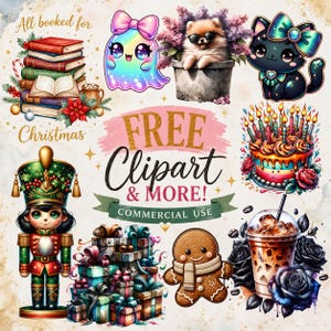 Op de afbeelding: Een verzameling digitale illustraties met een stapel boeken, een regenbooggeest, een puppy in een pot, een zwarte kat, een verjaardagstaart, een notenkraker, cadeautjes, een peperkoekmannetje en ijskoffie met de tekst Free Clipart & More!