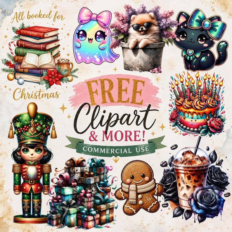 Op de afbeelding: Een verzameling digitale illustraties met een stapel boeken, een regenbooggeest, een puppy in een pot, een zwarte kat, een verjaardagstaart, een notenkraker, cadeautjes, een peperkoekmannetje en ijskoffie met de tekst Free Clipart & More!