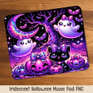 May include: A Halloween-themed mouse pad featuring a black cat, ghosts, pumpkins, and bats in a vibrant purple and pink color scheme. The design includes a crescent moon and a tree, with the text "Iridescent Halloween Mouse Pad PNG".
