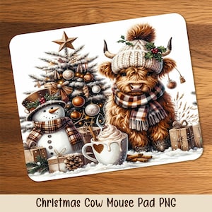 May include: A square mouse pad featuring a festive Christmas scene. A Highland cow wearing a hat and scarf stands next to a decorated Christmas tree and a snowman. A mug of hot chocolate and gifts are also present. The text "Christmas Cow Mouse Pad PNG" is at the bottom.