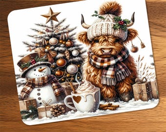 Christmas Highland Cow Mousepad PNG, Cute Cow Holiday Desk Mat Sublimation, Snowman Christmas Tree Digital Download, Xmas Office Decor