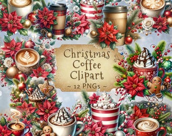 Kerstkoffie clipartset, aquarel kerstmok en kerstster PNG's, kerststickers, cacao-ornamenten latte clipart, digitale download