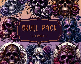 Halloween Skull Clipart with Roses Gothic Halloween PNG Spooky Floral Skulls Instant Download Dark Academia Aesthetic