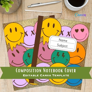 May include: Editable composition notebook cover template with a gold glitter background and colourful smiley faces. The template includes fields for "Name" and "Subject".