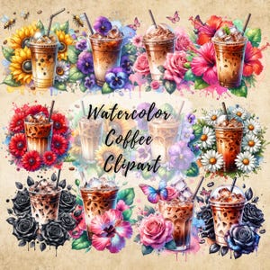 Acuarela Café Clipart PNG Artesanía Gráficos Imprimibles Descarga Instantánea Flores de Acuarela Café Helado