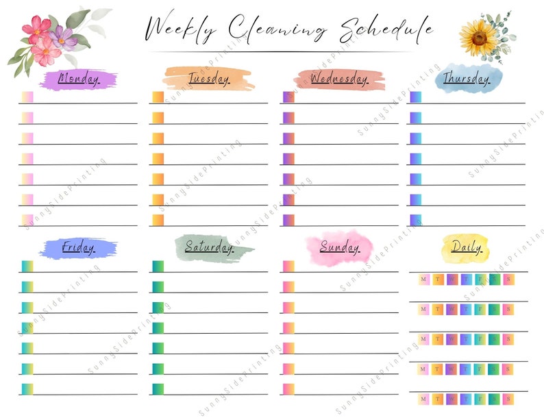 Floral Cleaning Schedule Printable Cleaning Checklist Blank Weekly ...