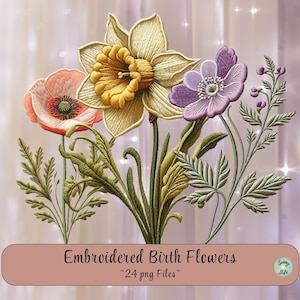 Naissance fleurs Clipart PNG Graphismes artisanaux Imprimable téléchargement immédiat Fleurs brodées du mois de naissance