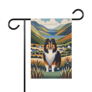 Bandiera da giardino tricolore Collie in Valley / Decorazione esterna personalizzata / Disponibile in due misure / Bandiera da giardino per prato o asta portabandiera