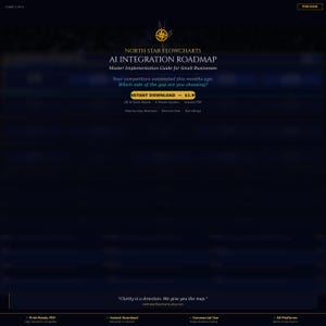 Puede incluir: Un documento digital azul oscuro titulado AI Integration Roadmap de North Star Flowcharts. Presenta un logotipo de brújula dorada, texto sobre un sistema de 4 fases, 29 herramientas de IA evaluadas y la cita Clarity is a direction. We give you the map.