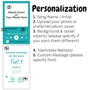 May include: A teal rectangular graphic featuring a music player interface with placeholders for an album cover, song name, artist, and Spotify code. Below, a white rectangular graphic displays options for a custom message, three font styles, and teammate names.