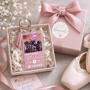 Personalized dance keychain with photo and song, recital gift for dancer, custom album cover keychain