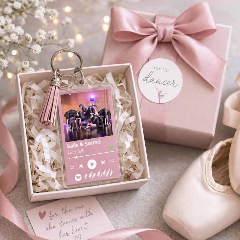 Personalized dance keychain with photo and song, recital gift for dancer, custom album cover keychain