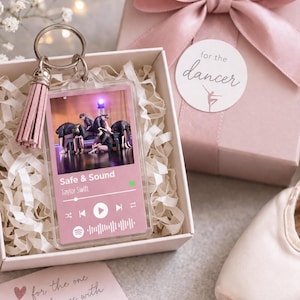 Personalized dance keychain with photo and song, recital gift for dancer, custom album cover keychain