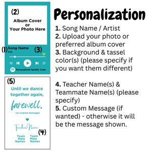 May include: A teal and white graphic display showing personalization options for a custom item. It features a music player interface with placeholders for a photo, song name, and artist, alongside a text section for custom messages and names.