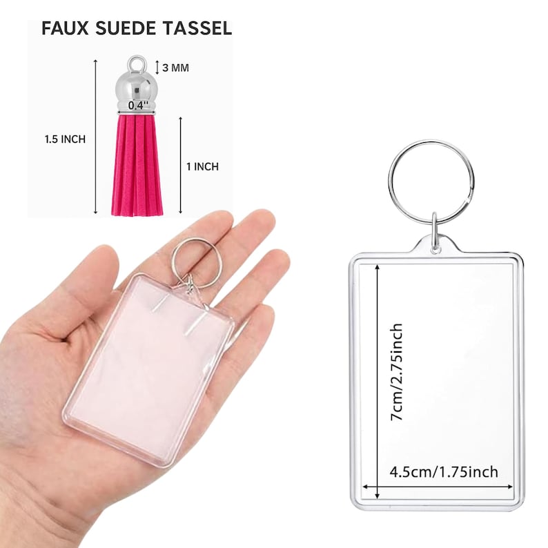 May include: A pink faux suede tassel with a silver cap and a rectangular clear acrylic keychain frame. The tassel measures 1.5 inches in total length with a 1 inch fringe. The keychain frame measures 2.75 inches by 1.75 inches with a metal ring.