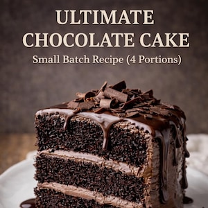 Op de afbeelding: Een stuk Ultimate Chocolate Cake op een wit bord, met chocoladeschaafsel en saus. Het recept is voor 4 porties. De tekst op de afbeelding luidt: "ULTIMATE CHOCOLATE CAKE" en "PRINTABLE PDF + AUDIO GUIDE."