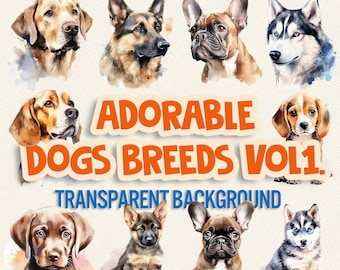 Watercolor Dogs Clipart, Breeds PNG Graphics (Digital Download)