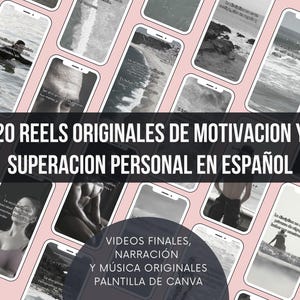 Peut inclure: Plusieurs smartphones affichent du contenu de motivation en noir et blanc. Le texte "20 REELS ORIGINALES DE MOTIVACION Y SUPERACION PERSONAL EN ESPAÑOL" est mis en évidence, avec du texte supplémentaire sur les vidéos, la narration et la musique.