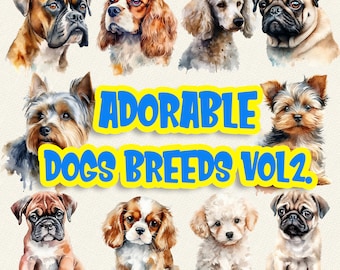 Watercolor Dog Breeds Clipart, Boxer, Poodle, Pug (Digital PNG)