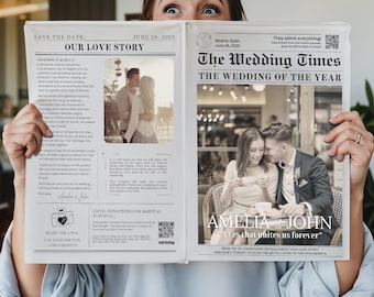 Personalized Wedding Newspaper Template with Audio QR Code (Digital Download)