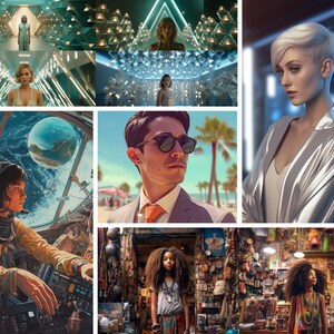 May include: A collage of images featuring different people and settings. The top left image shows a woman in a white dress standing in a futuristic hallway. The top right image shows a woman with short blonde hair wearing a silver jacket. The bottom left image shows a woman in a yellow jumpsuit sitting in a cockpit. The bottom right image shows a young girl with long dark hair wearing a colorful dress standing in a crowded market.