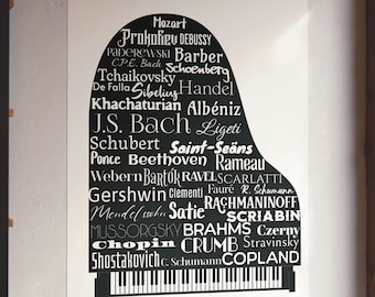 Affiche de compositeurs de piano, cadeau de piano classique, cadeau de pianiste, art de salle de concert, cadeau de musicien, art mural de piano, décor de piano, impression d’art de piano
