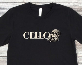 Cello shirt, muziek schedel shirt, schedel tee shirt, rock cello T-shirt, muziek T-shirt, unisex cellist shirt, cello schedel tee