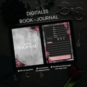 Könnte beinhalten: Ein digitales Buchjournal mit einem dunkelgrauen Cover, das mit einem floralen Design und dem Text "BOOK JOURNAL" verziert ist. Das Journal bietet eine Vielzahl von Funktionen, wie z. B. PDF-Hyperlinks, Monatsübersichten, Moodboards und vieles mehr.