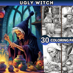 Halloween Witch Coloring Book for adults Sorcerer Fantasy Coloring Pages for kids Digital Download Printable PDF Grayscale Coloring pages