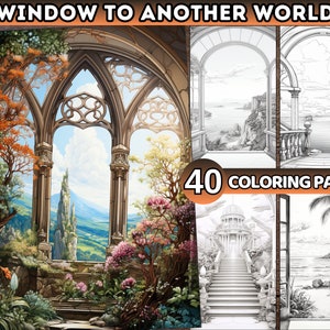 Window to Another World Coloring Pages for adults, another World Coloring book Fantasy windows Grayscale Coloring Book, Printable PDF Files