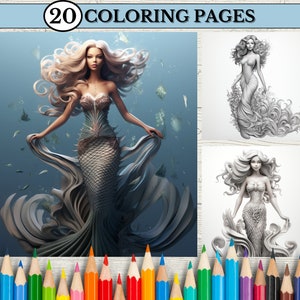 20 Mermaid Coloring Pages For Adults & Kids, Realistic Mermaid Greyscale Coloring Pages, Printable PDF, Fantasy Mermaid Coloring Book