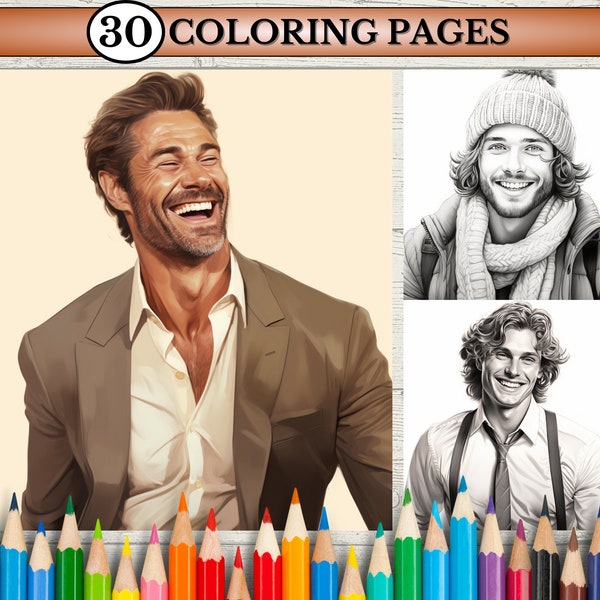 Happy Handsome Men Coloring Pages for adults Printable Adult Coloring Book Grayscale Coloring Book Happy man Coloring Pages PDF