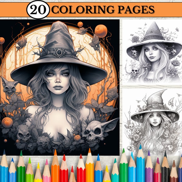 Halloween Coloring Pages Witch with Skull Coloring Pages for Adults and Kids Grayscale Coloring Book, Printable Coloring Pages, PDF Files