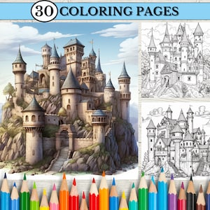 30 Magic Castle Coloring Pages for Adult and Kids Historical Castle Digital Printable Coloring Book Pages, PDF Files, Coloring Book