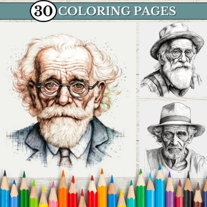 30 Old People Coloring Pages For Adults, Printable Adult Grayscale Coloring Pages, Old Man Portrait, Grayscale Drawing, PDF
