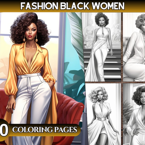 Adult Coloring Pages Fashion Black Woman Printable Coloring Sheets elegant american women Illustration Femme Grayscale Coloring Book PDF