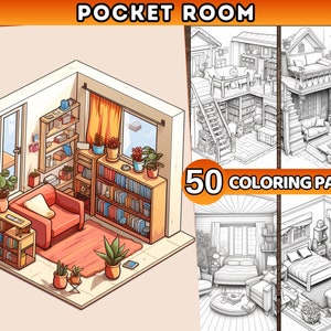 50 Pocket Room Coloring Pages Printable Interior Design Coloring Pages Fantasy Grayscale Coloring Book for Adults Boho Cozy Isometric Rooms