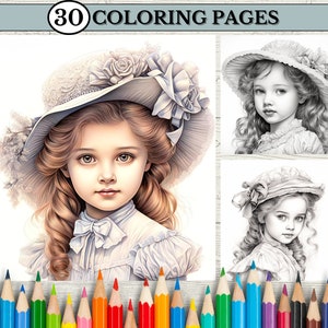 20 Victorian Young Girl Coloring Pages for Adult, Printable Coloring Book Vintage Coloring Book, Grayscale Coloring Pages, Femme Cololing