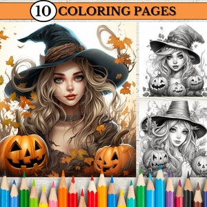 Halloween coloring pages Witch With Pumpkins Coloring Pages, Adults coloring book, Printable PDF, Witches coloring book, Pumpkins