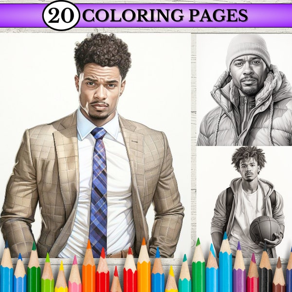 Handsome Black Men Coloring Pages for Adult Coloring Book Printable PDF African American Art Black man illustration Stress Relief Activity