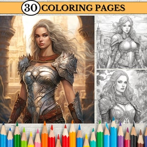30 Warrior Woman Coloring Book Pages, Strong Woman Warrior Coloring Pages,Grayscale Coloring Book for Adult, Printable PDF, Instant Download