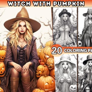 Witch With Pumpkins Coloring Pages Halloween coloring pages Adults coloring book Printable PDF Witches coloring book Pumpkins illustration