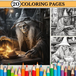 Scary witches and sorcerers Coloring Pages for Adults and Teens, Witch Coloring Pages Grayscale Coloring Book, Printable Coloring Pages, PDF