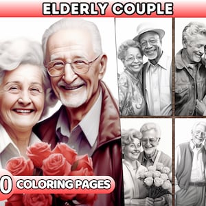 Elderly Couple Coloring Pages for Adults, Grayscale Couples Coloring Book Digital Coloring Sheets old people illustiration printable book